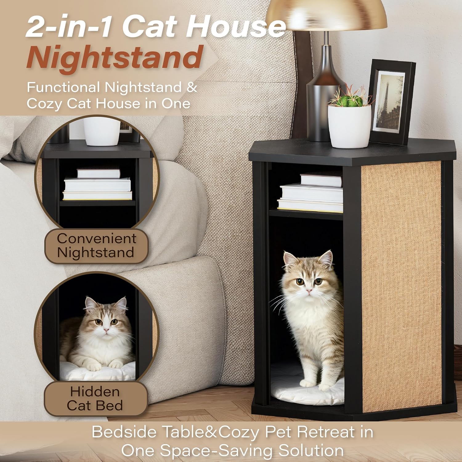 COZAYH Modern Cat House End Table with Sisal Scratching Panels, Hidden Cat Bed Side Table with Removable Washable Cushion, Pine Wood, Cat Condo Nightstand, Easy to Clean, Multifunctional, Black