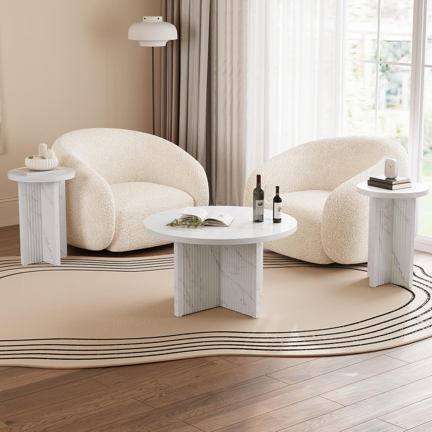 LEVNARY 2-Piece Round Coffee Table Set, 31.5" Coffee Table & 15.78" End Table, Marble-Look Top, Scalloped Fluted Base, Modern Living Room Table Set with Engineered Wood (White)
