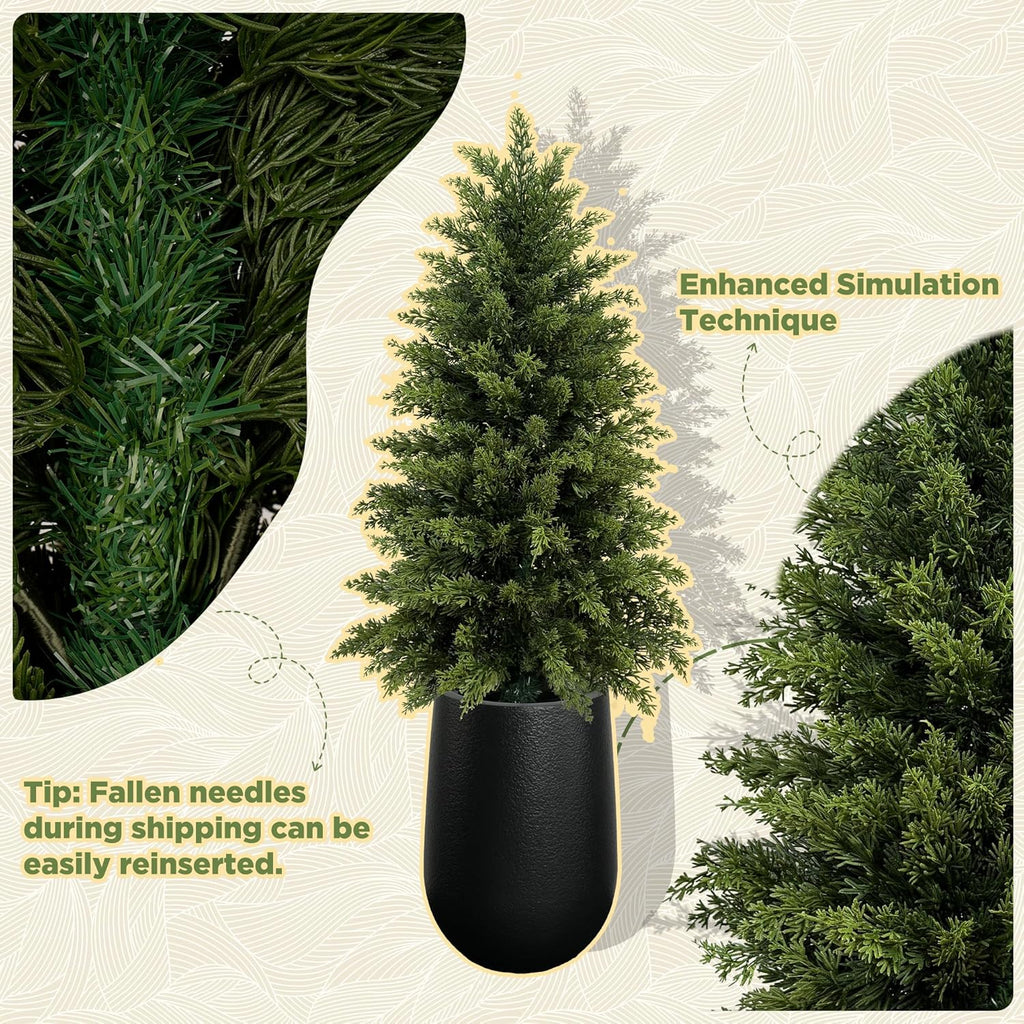 Mavis's Diary 4FT Artificial Cedar Topiary Tree, Set of 2 Realistic Faux Evergreen in Black Bullet Planter + Fillable Water Bag, Indoor Outdoor Fake Cedar for Front Porch Entryway Office Home Decor