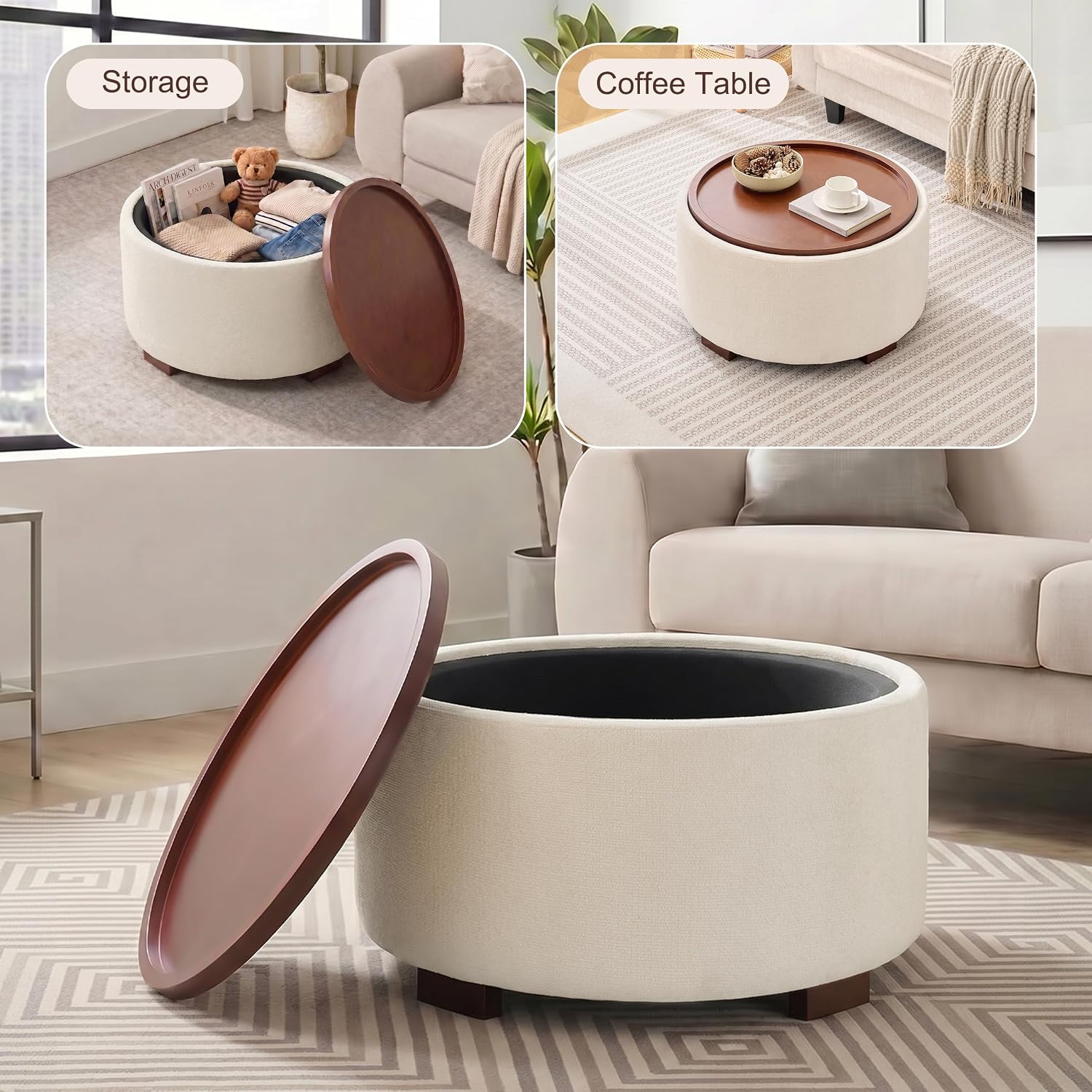 Huatean Home 29.1 Inch Round Coffee Table, Storage Ottoman with Removable Lid Top and Solid Wood Legs, Round Ottoman with Storage for Living Room, Bedroom, Corners, Entryway, Boucle Ottoman, Beige