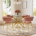 Round Glass Dining Table Set for 4, 36'' Small Circle Glass Kitchen Table with 4 Luxury Pink Gold Velvet Dining Chairs, 5-Piece Dining Room Table Set for Small Place(Gold Base)