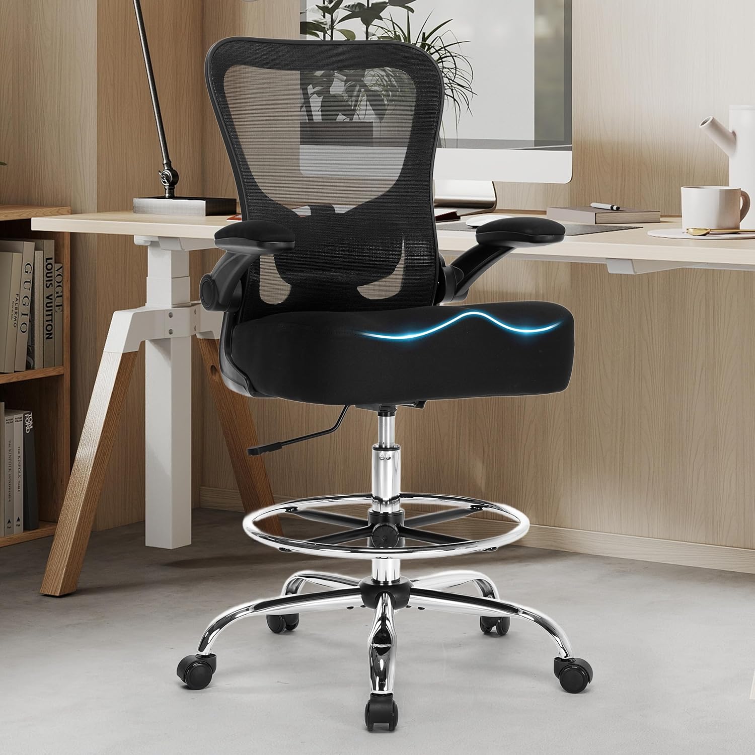 500LBS Ergonomic Drafting Chair Tall Office Chair for Counter Height or Standing Desk, Executive High Office Chairs with W-Shaped Thick Seat Cushion, Footrest Ring & Breathable Fabric, Black