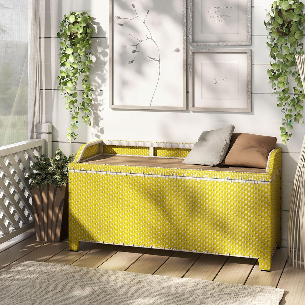 Greemotion Azur Beach Aluminum and All-Weather Wicker 41 in. Wide Storage Bench for Garden, Backyard, Patio, Pool Area, Porch, Yellow and White