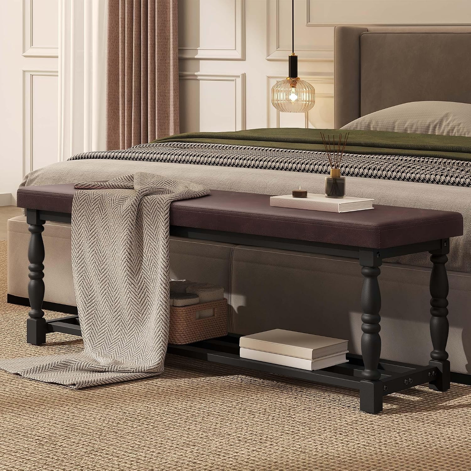 YITAHOME 48 Inch Entryway Bench, Storage Bench with Metal Shelf & Cushioned Seat, Indoor Shoe Rack Bench Seat for Dressing Room, Bedroom, Hallway, Entrance, Brown & Black
