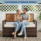TrailBlaze Outdoor Rattan Storage Bench with Cushion – Large Capacity Waterproof Wicker Deck Box – Backrest & Armrests – Durable Iron & Wood Frame for Garden, Patio, Balcony, Porch – Dark Brown Rattan