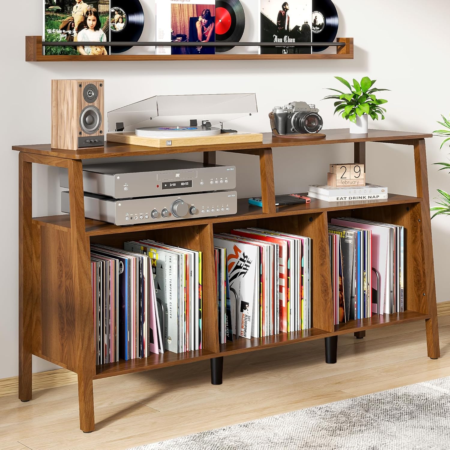 Large Record Player Stand,Mid Century Turntable Stand Table with Open Storage Holds up to 450 Albums,Vinyl Record Storage Display Shelf for Living Room Bedroom (55.12'' Walnut)