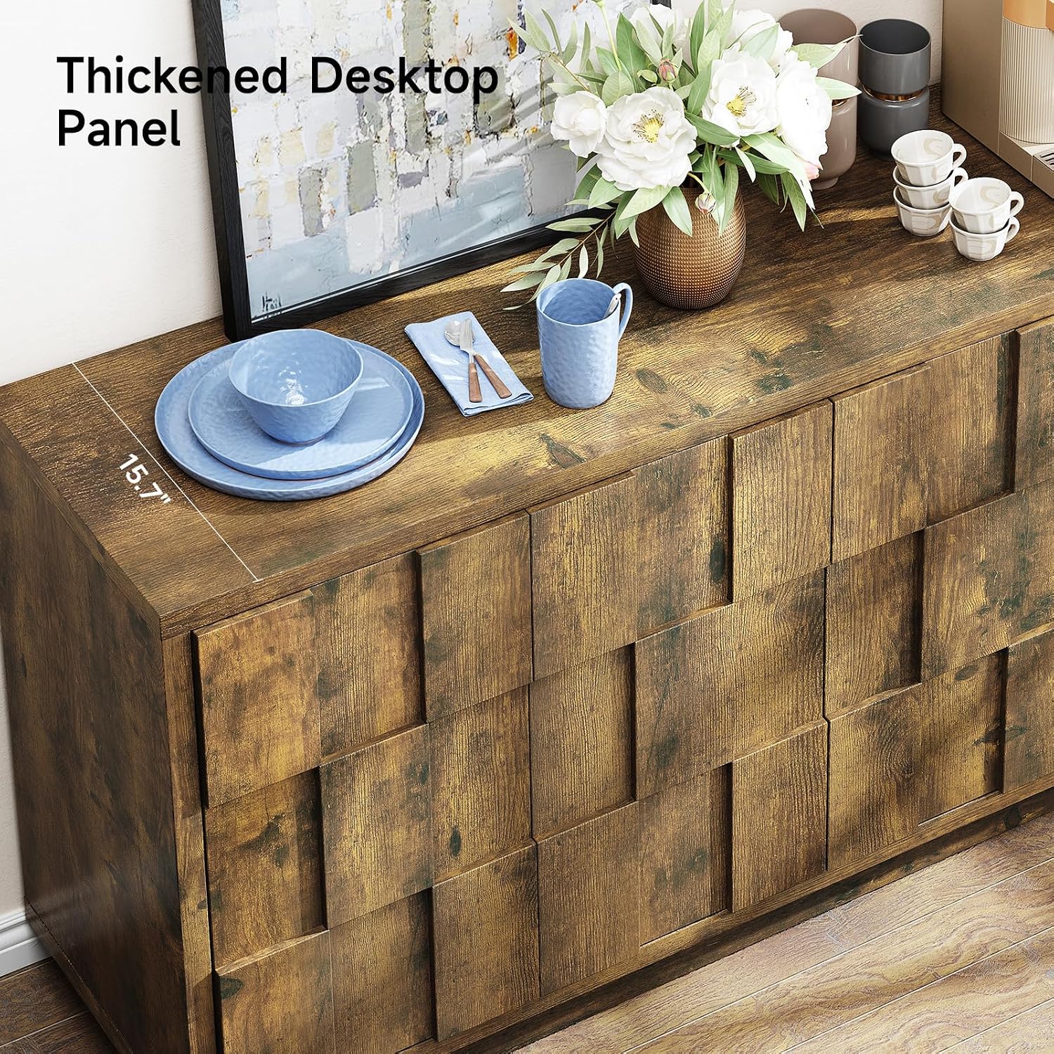 ONBRILL 60" Sideboard Buffet Cabinet with Storage, Irregular Panel Design Credenza Mid Century Farmhouse Coffee Bar Cabinet with 4 Doors & Adjustable Shelves for Living Room, Hallway (Rustic Brown)