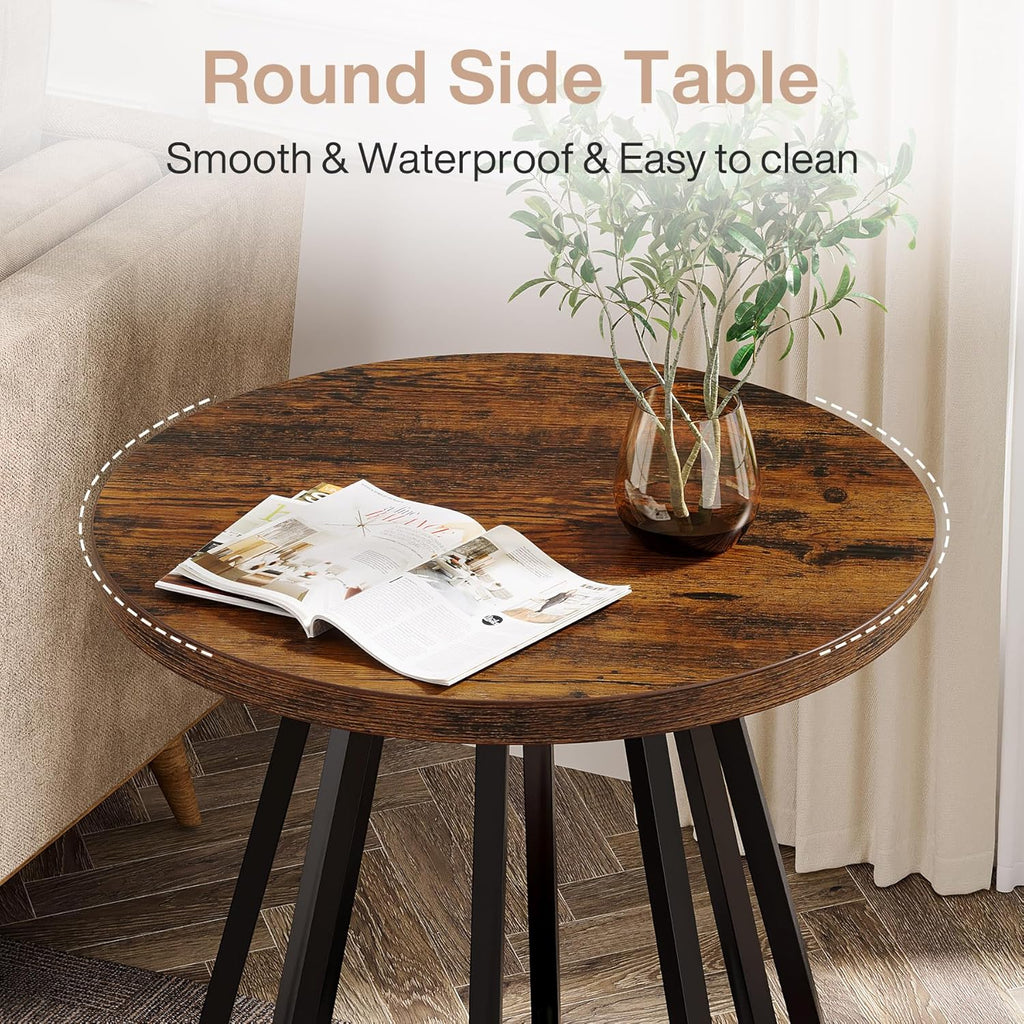 Tribesigns Small Round Side Table, 2-Tier Sofa End Table with Metal Frame and Lower Shelf, Wooden Bedside Nightstand for Small Spaces, Living Room, Bedroom, Vintage Brown & Black