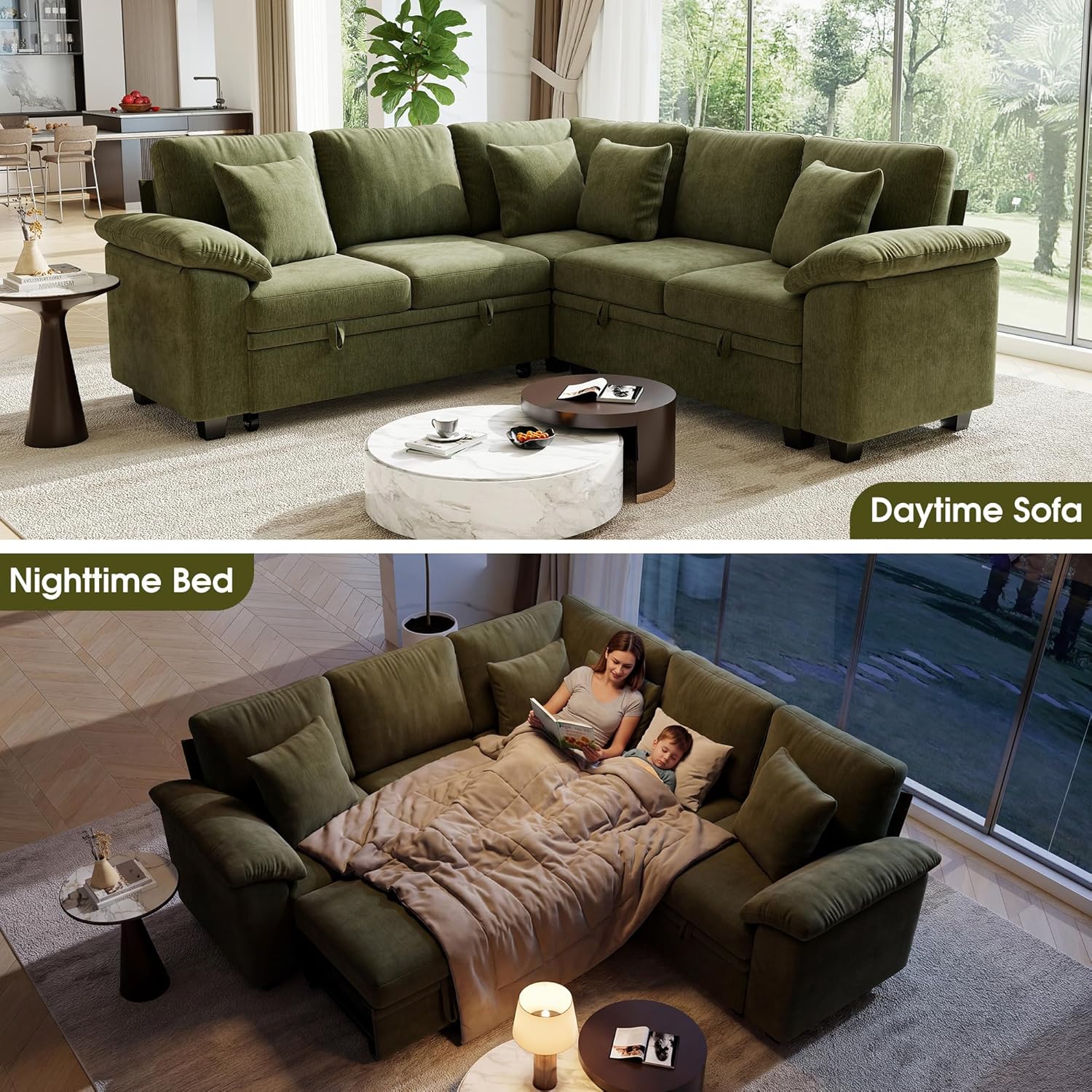 86" Modular Sectional Sleeper Sofa with Pull Out Bed, L Shaped 5 Seat Couch with 151L Storage, Convertible Cloud Couch Bed, Sectional Couches for Living Room, Apartment (Green)