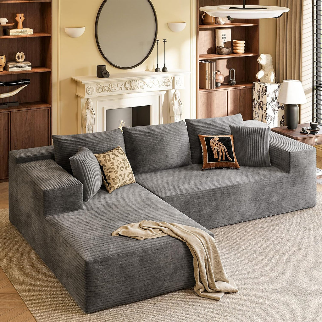 YESHOMY Boneless Couches for Living Room, 108" Sectional Modular Sectional Sofa with Deep Seat, Cloud Comfy Couch with L-Shape Chaise, Easy Assembly (Corduroy, Gray)