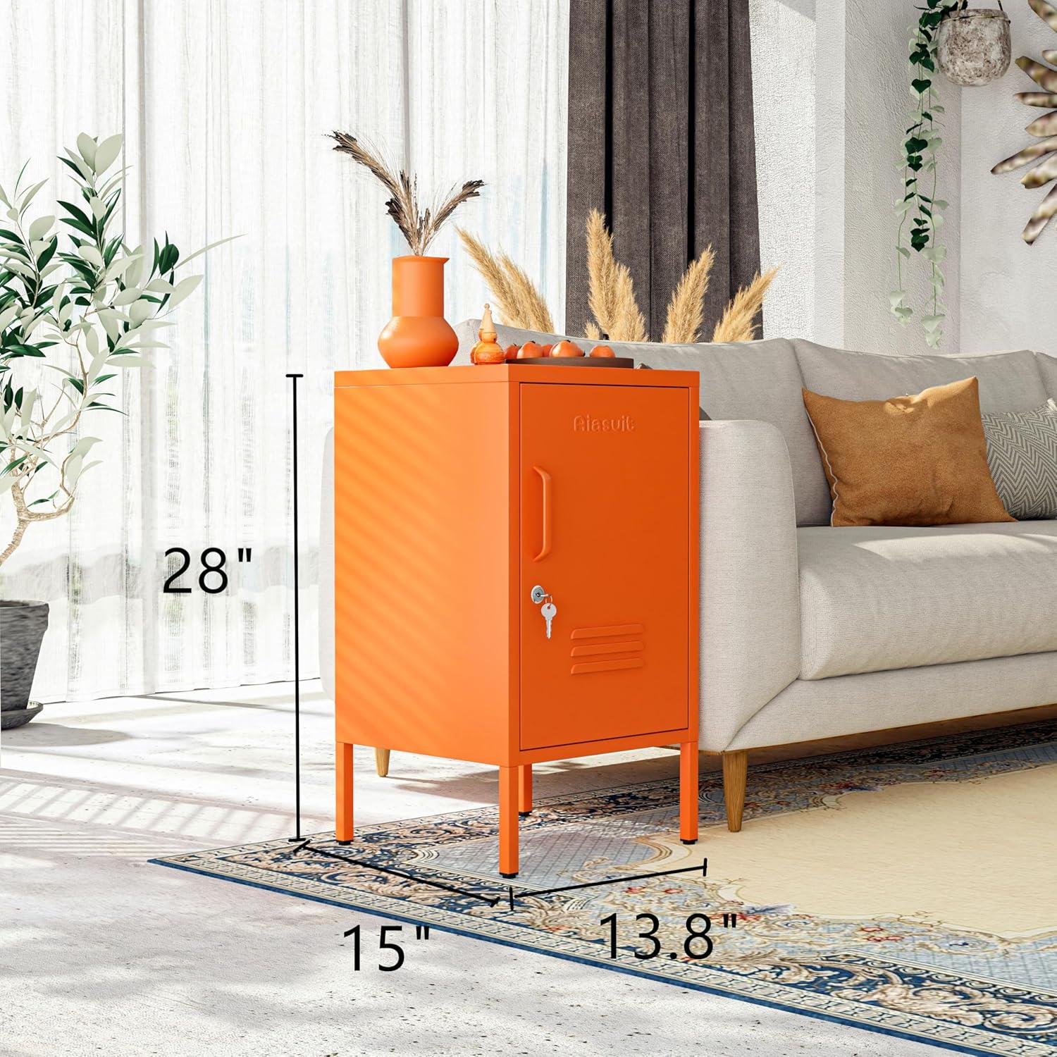 Single Door Lockable Metal End Table & Children's Bedside Table, 2-Tier Storage Cabinet with Adjustable Shelf, Easy Assembly Side Table for Living Room Bedroom Home Office Orange