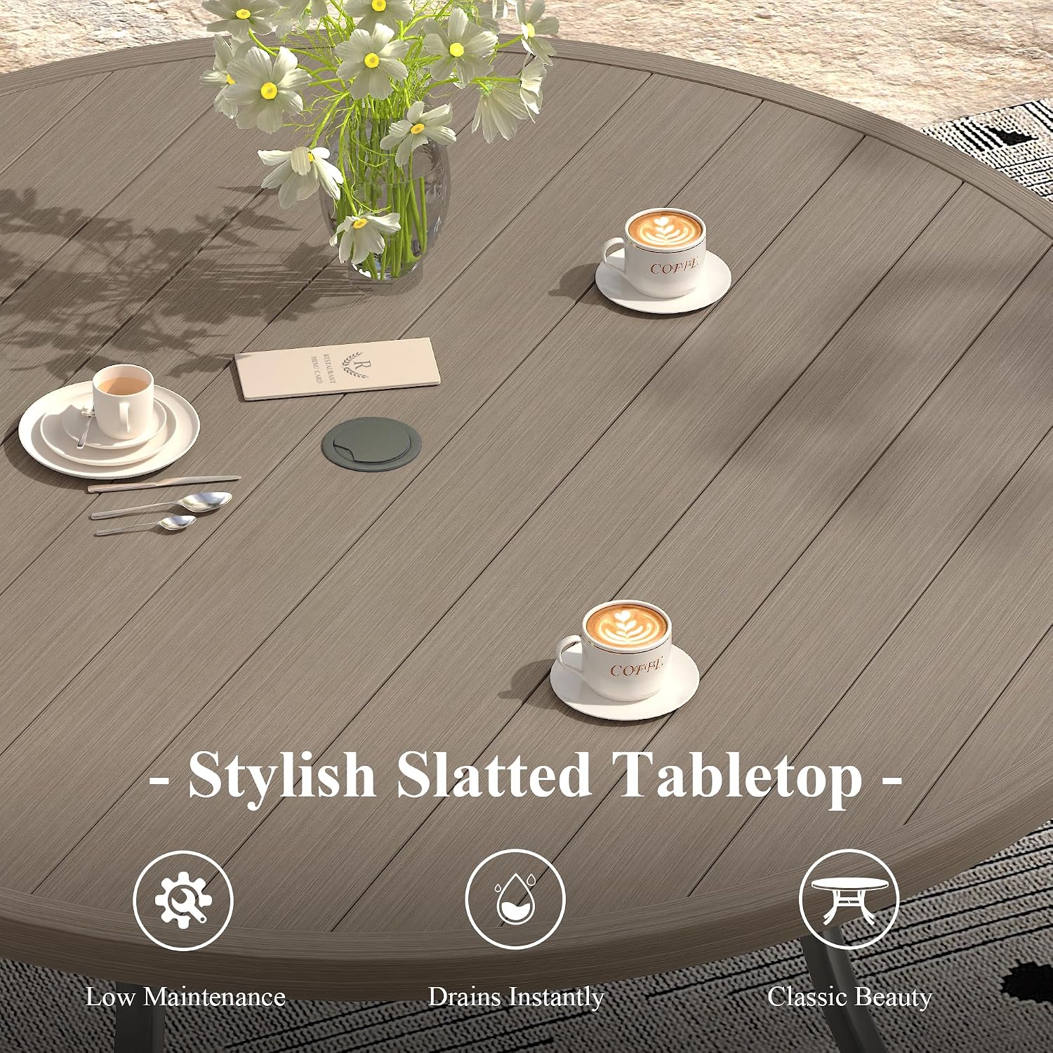 Outdoor Dining Table for 6, 50" Round Outdoor Table with Adjustable Umbrella Hole, All-Weather Metal Patio Dining Table for Lawn Garden Backyard Deck, Grey