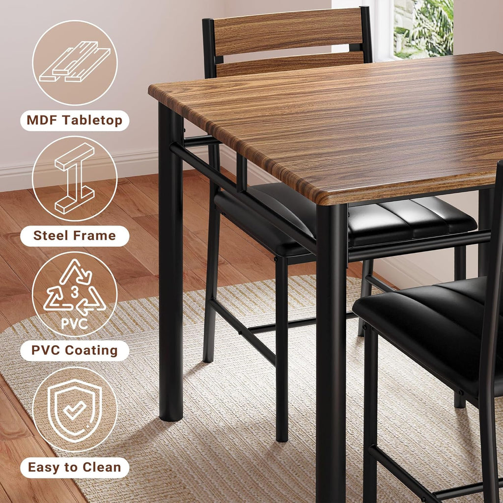 IRONCK Dining Table Set for 2, Small Kitchen Table with Upholstered Chairs for Kitchen & Dining Room, Compact Dining Set for Small Spaces, Walnut
