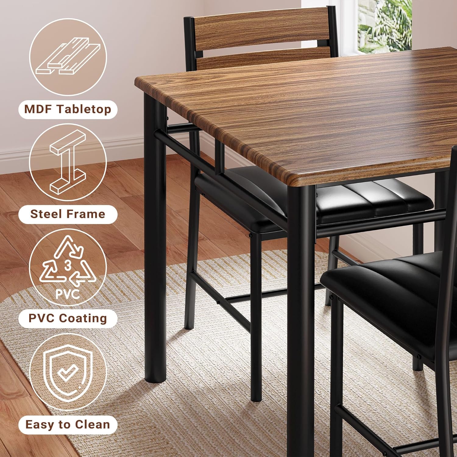 IRONCK Dining Table Set for 2, Small Kitchen Table with Upholstered Chairs for Kitchen & Dining Room, Compact Dining Set for Small Spaces, Walnut