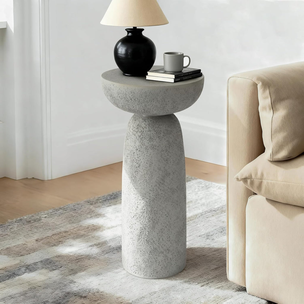 24'' Tall Round Gray Pedestal Side Table, Modern Hourglass End Table with Stone Texture, Minimalist Faux Concrete Accent Table for Living Room, Bedroom, or Patio