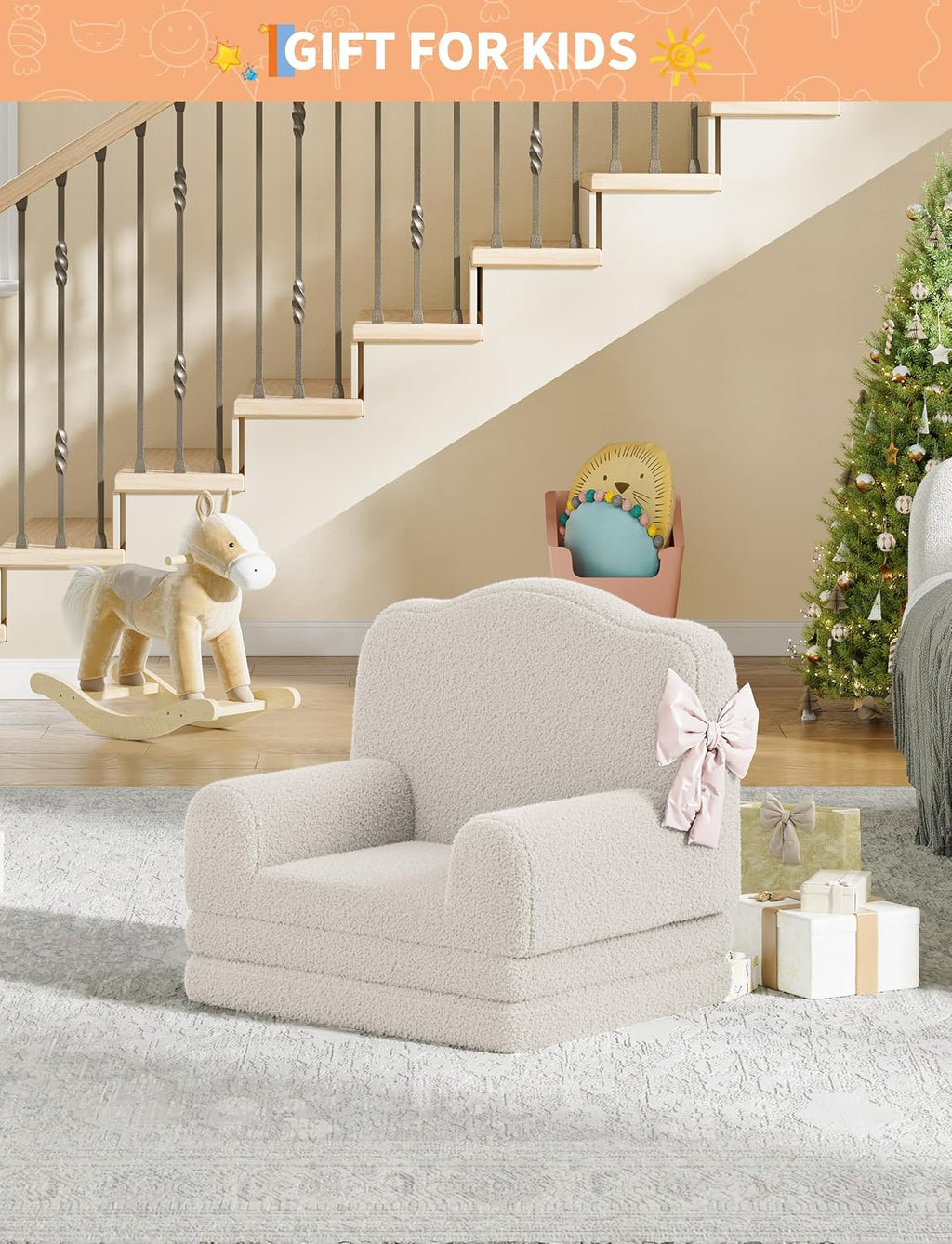 Kids Sofa Chair, Sherpa Convertible Toddler Couch with Washable Cover, Crown Design Comfy Children's Reading Chair, Fold Out Sofa Bed for Playroom, Nursery, Girls & Boys