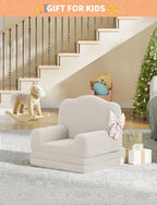 Kids Sofa Chair, Sherpa Convertible Toddler Couch with Washable Cover, Crown Design Comfy Children's Reading Chair, Fold Out Sofa Bed for Playroom, Nursery, Girls & Boys