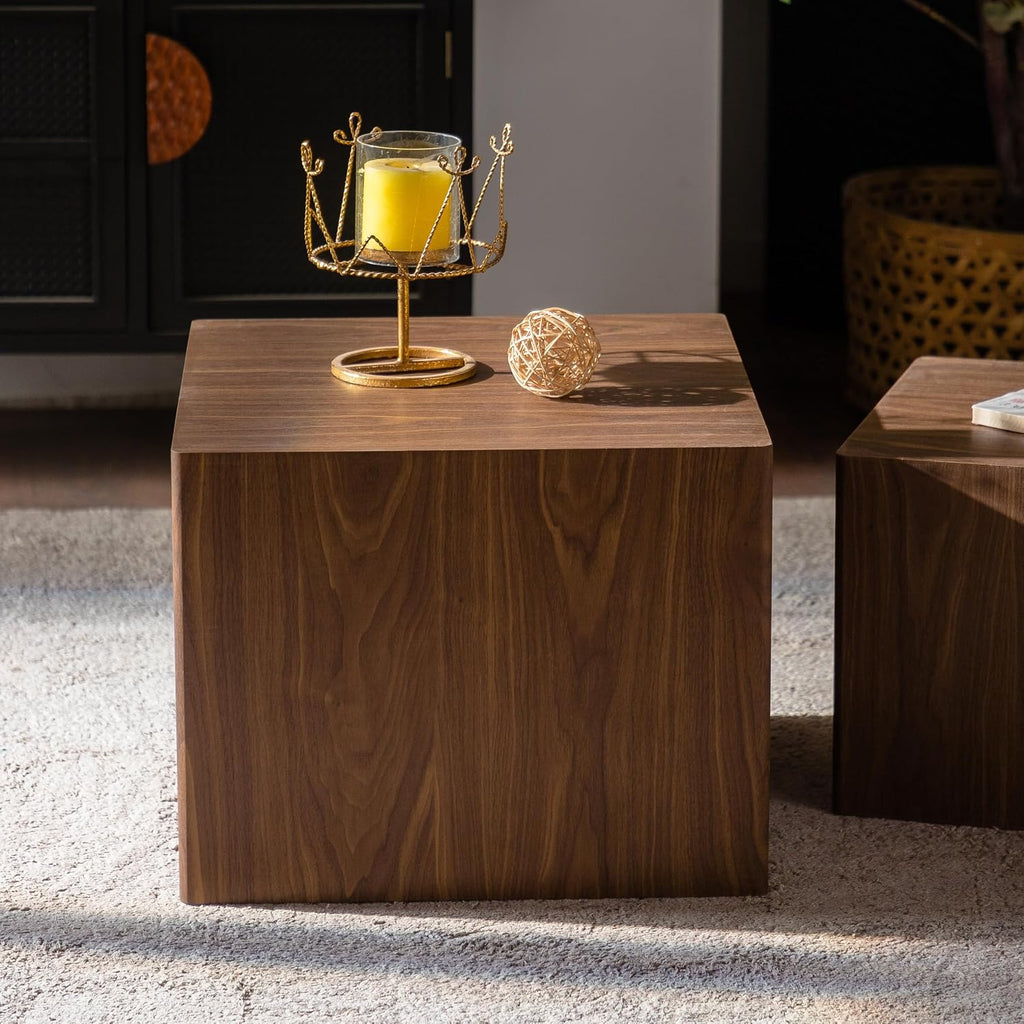 End Table Set of 2, Modern Side Tables with Wood Grain, Wooden Nesting Cube Coffee Table Set for Small Spaces, Living Room, Bedroom, Fully Assembled - Walnut