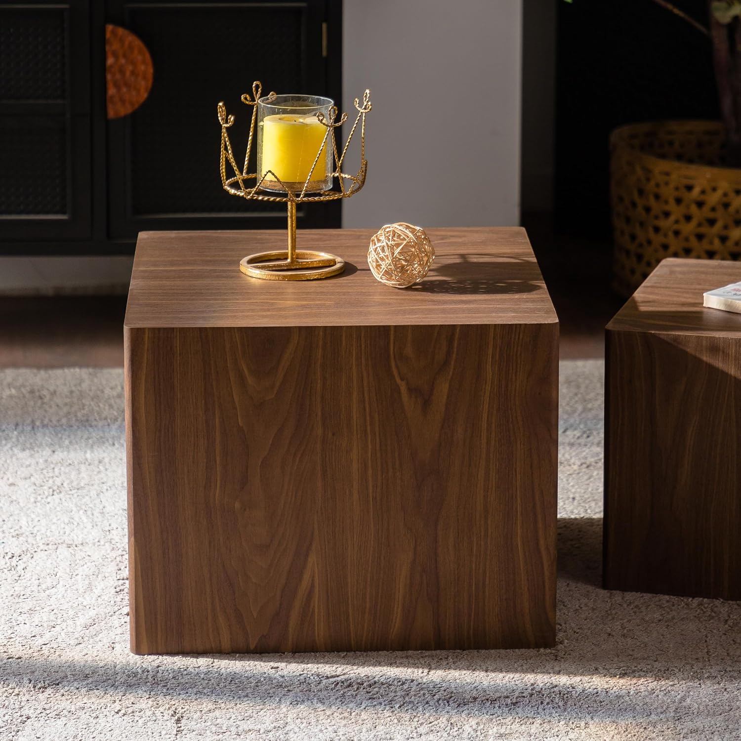 End Table Set of 2, Modern Side Tables with Wood Grain, Wooden Nesting Cube Coffee Table Set for Small Spaces, Living Room, Bedroom, Fully Assembled - Walnut