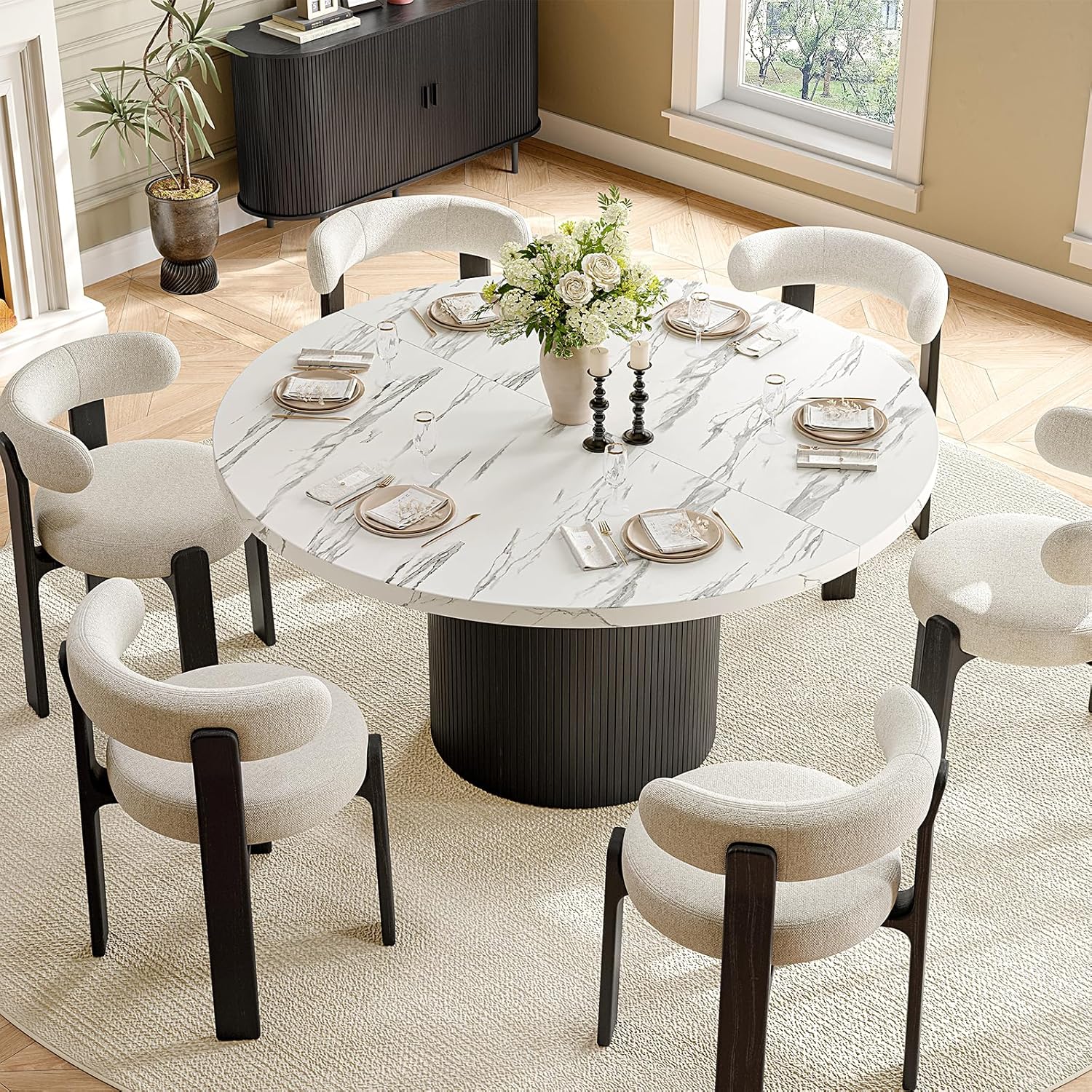 47 Inch Round Dining Table for 4, Circle Kitchen Table with Wood Strip Base, Modern Farmhouse Dinner Tables for Kitchen, Living Room (Marble Texture)