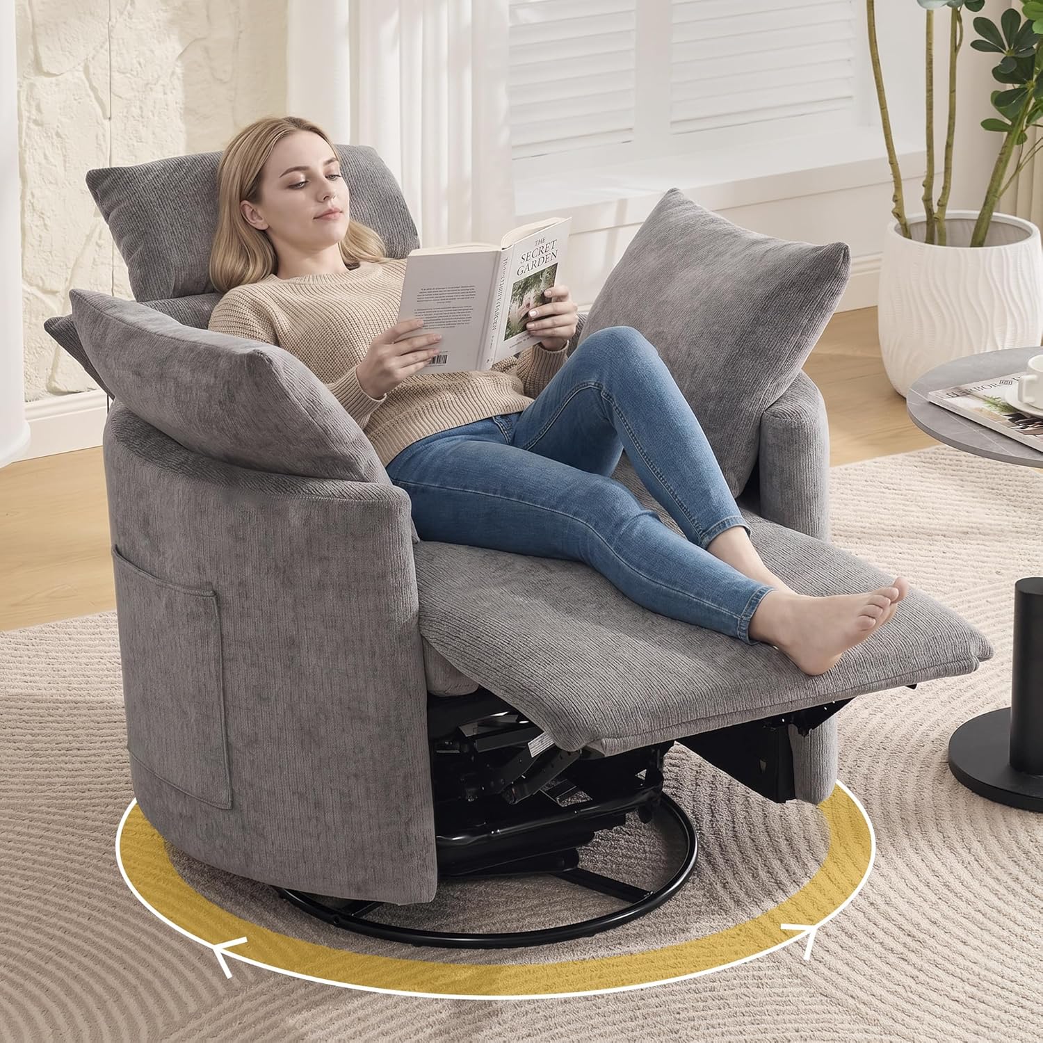 Manual Rocking Chair Nursery, 360° Swivel Recliner Chair with Side Pocket, Glider Reclining Chair for Adults Small Space, Barrel Recliners with 2 Pillows for Living Room, Chenille Light Grey