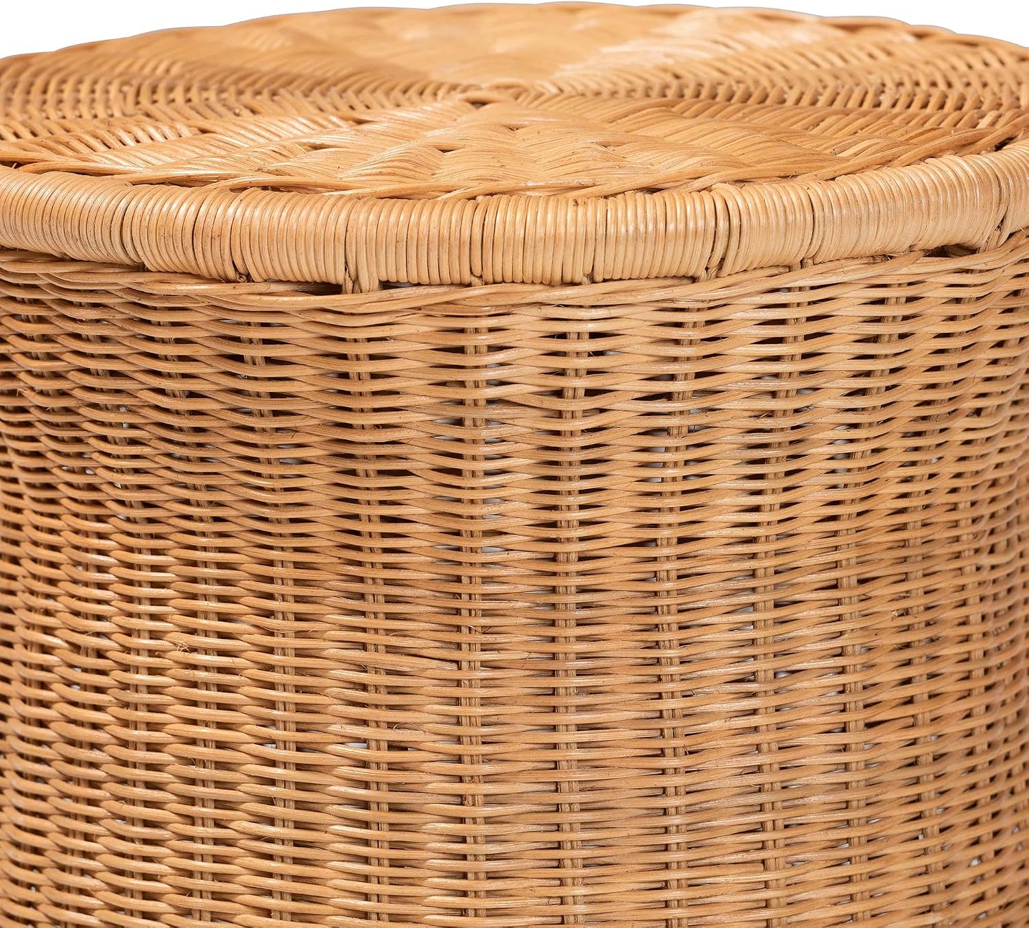 Bali & pari Caroline Round Natural Rattan End Table – Handwoven Wicker Drum Shape Accent Table for Living Room or Sunroom, Light Honey