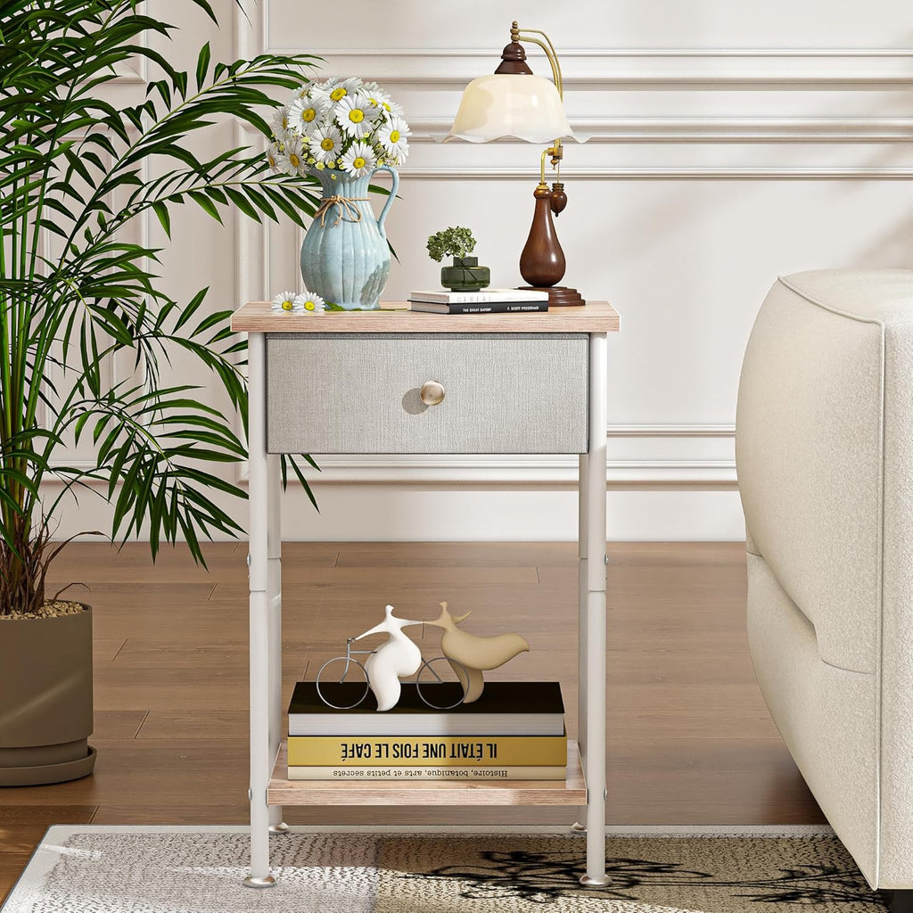 VECELO End Tables, Modern Nightstand with Fabric Drawer & Open Shelf, Night Stand for Bedroom Living Room, Industrial Metal Frame, Easy Assembly, Grey,2 Pack