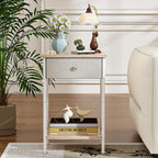 VECELO End Tables, Modern Nightstand with Fabric Drawer & Open Shelf, Night Stand for Bedroom Living Room, Industrial Metal Frame, Easy Assembly, White,1 Pack