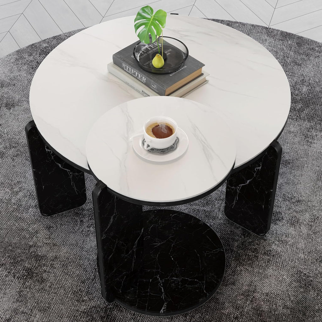 Set of 2 Round Nesting Coffee Table for Small Place, living room end table with white sintered stone top, 32.68" + 16.93" diameter Side Table Night Stand for Bed Room Dining Room, 83+ 43 cm sofa table