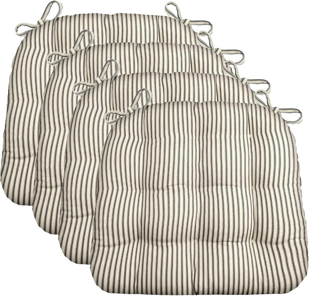 Barnett Home Decor Chair Cushions for Dining Chairs - 15x17 Kitchen Chair Cushions - Machine Washable, 100% Cotton - Made in USA - Latex Foam Comfort Chair Pads - Ticking Stripe Black Small Pack of 4