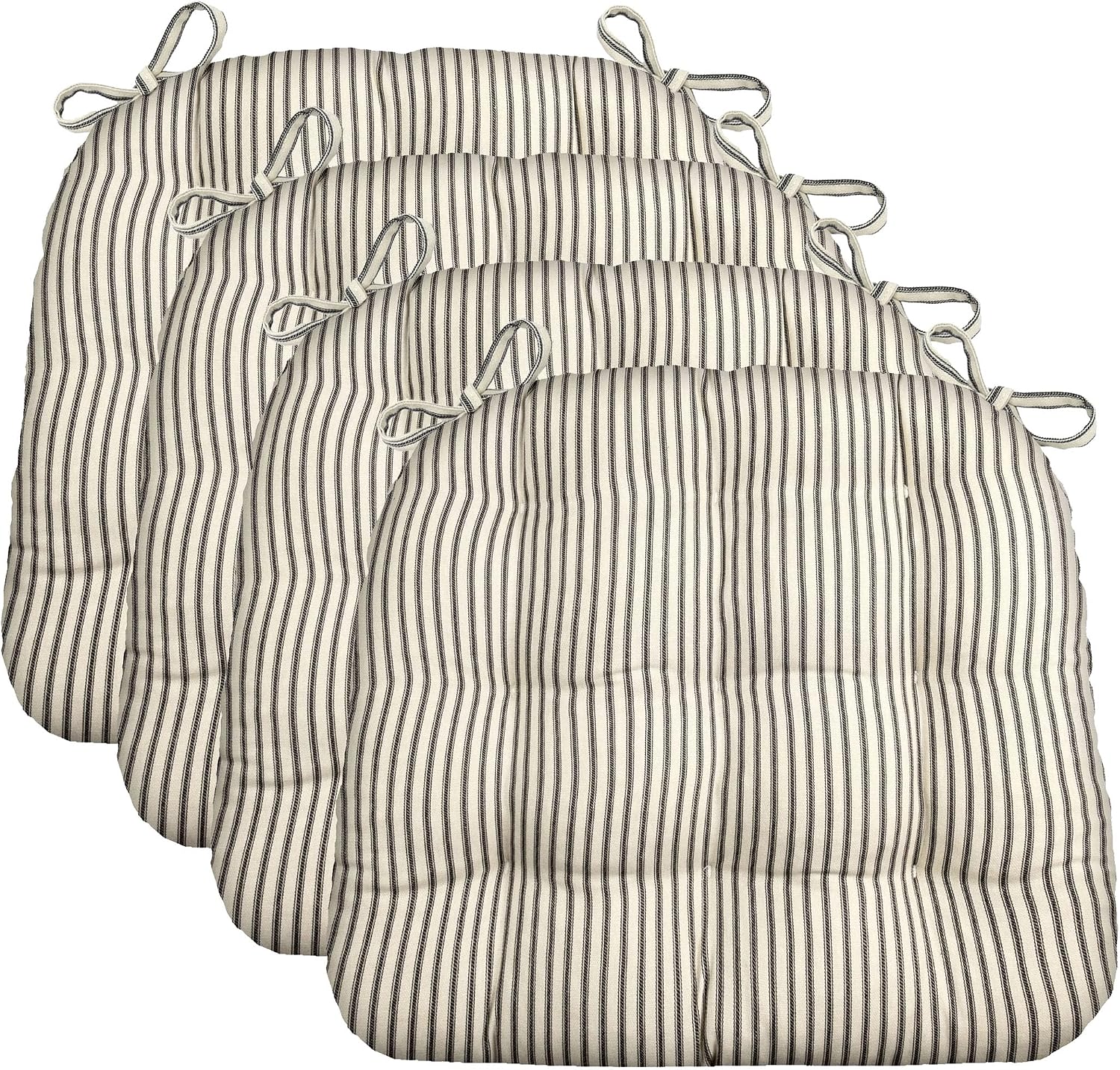 Barnett Home Decor Chair Cushions for Dining Chairs - 15x17 Kitchen Chair Cushions - Machine Washable, 100% Cotton - Made in USA - Latex Foam Comfort Chair Pads - Ticking Stripe Black Small Pack of 4