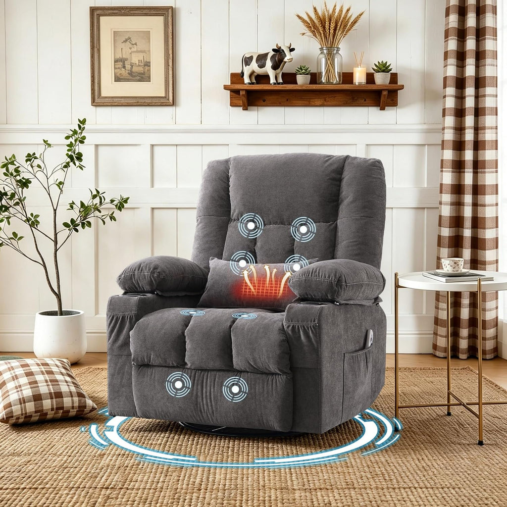 Swivel Rocker Recliner Chair with Vibration Massage and Heating Functions for Adults,Oversized Recliner Single Sofa with Side Pocket,Two Cup Holders for Living Room and Bedroom