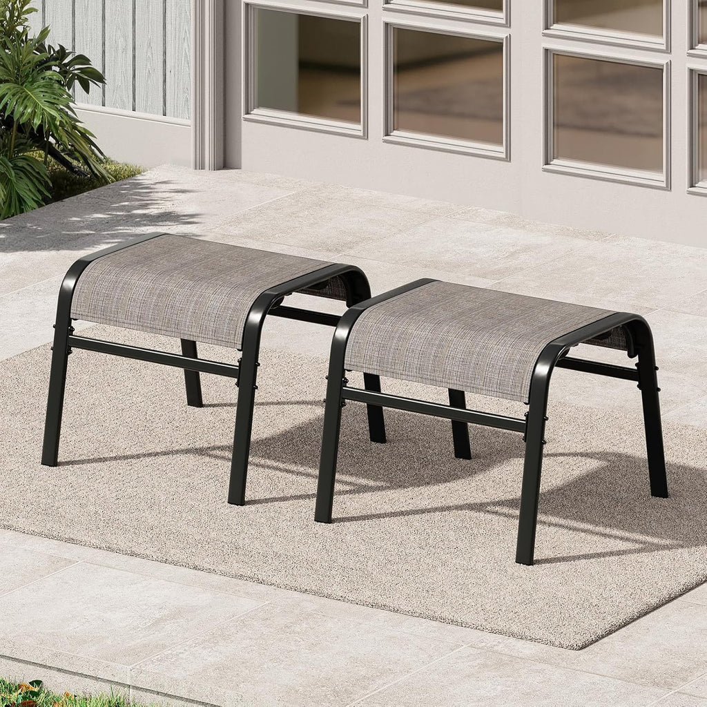 Outdoor Ottoman Set of 2, Comfort Outdoor Footstool with Supportive Textliene and Metal Frame, Stackable Oversized Outdoor Foot Rest for Patio, Garden, Pool, Balcony -Brown