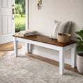 Modern Dining Bench, Dirty Oak/White Finish Solid Rubberwood