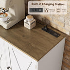 HOSTACK Multifunctional Storage Cabinet - 59" Buffet Cabinet with Charging Station, Large Kitchen Buffet Sideboard with Rolling Cart, Farmhouse Coffee Bar Cabinet with Drawers for Kitchen, White