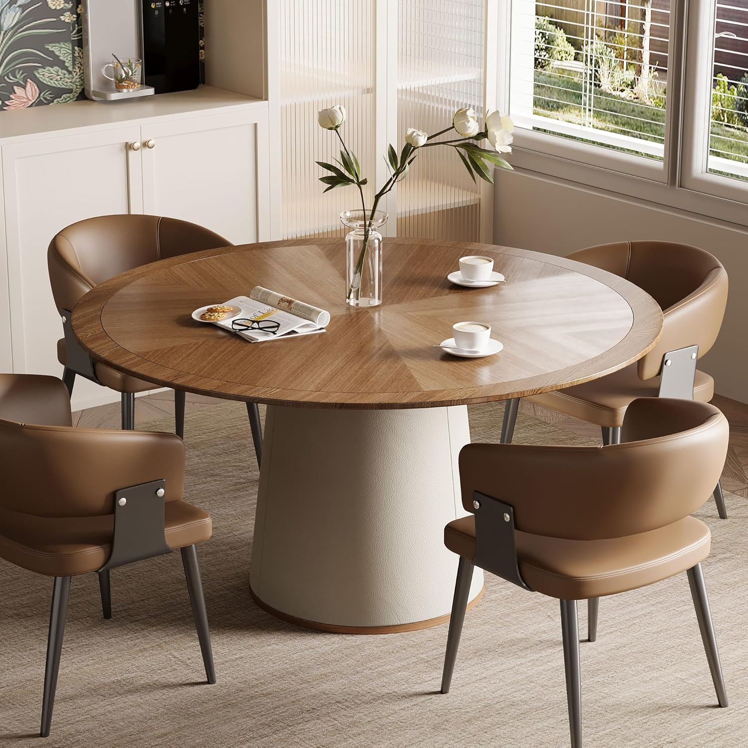 Round Faux Leather Base Dining Table for 4-6 People, Modern Wood Kitchen Table with Solid Veneer Top, Walnut, 59.05" (59.1 inches (Diameter) x 29.8 inches (Height))