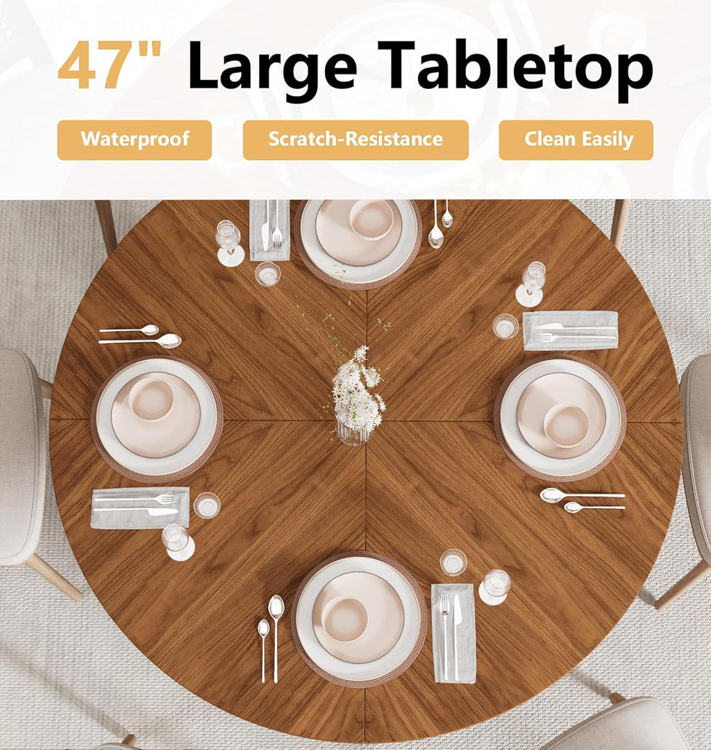 47 inch Round Dining Table for 4, Farmhouse Kitchen Dining Table with 2-Layer Storage Shelf and Fluted Panel, Modern Wooden Dining Room Table for Home, Kitchen, Living Room (Walnut)