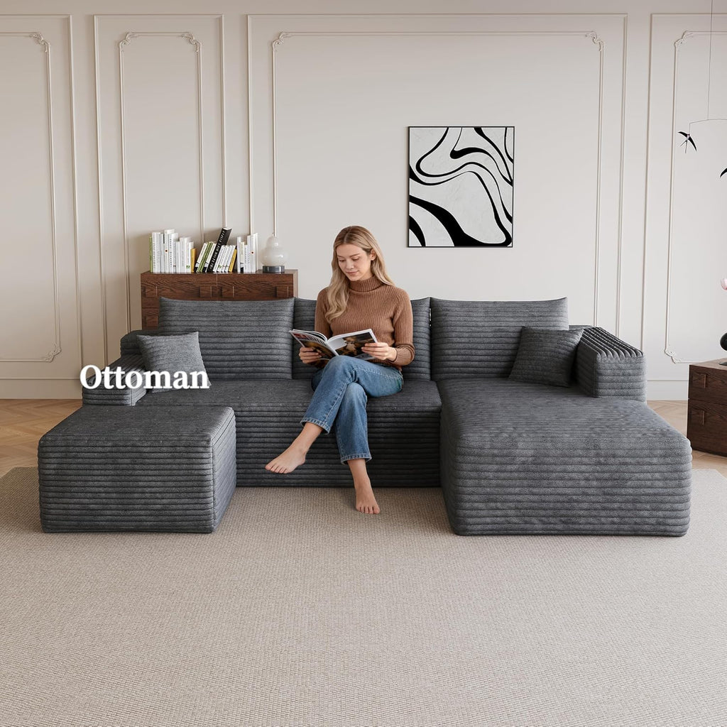 25.6" Corduroy Ottoman for Living Room,Plush Upholstered Ottoman for Couch,Memory Foam Compressed Sofa in A Box No Assembly Require,Dark Grey