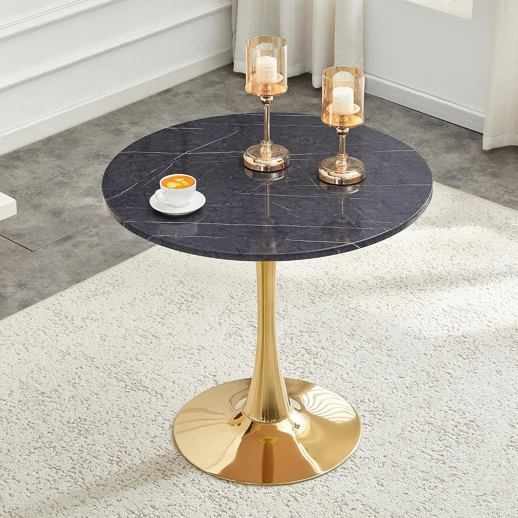 Marble Pattern Round Dining Table for Small Space,32" Tulip Tables with Gold Metal Pedestal Base,Bistro Table for 2/3/4 People for Office,Apartment,Kitchen,Break Room(Only Table)