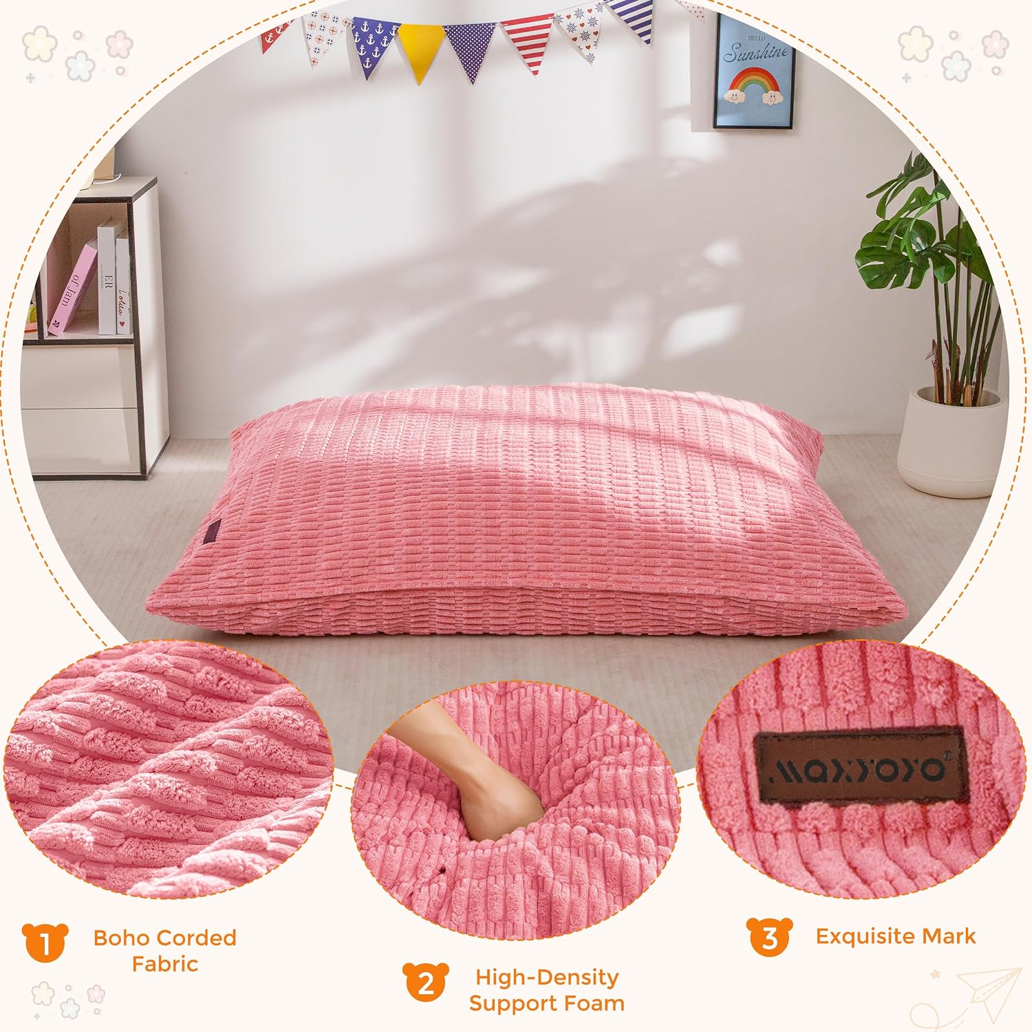 MAXYOYO Kids Bean Bag Chair, 3 in 1 Convertible Bean Bag Sofa with Removable Cover for Children, Soft Floor Lounger with Supportive Shredded Foam Filling, Floor Cushion Chair for Living Room, Playroom