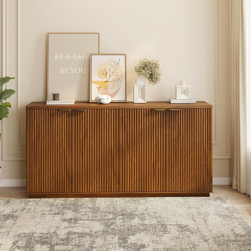 Fluted Sideboard Buffet Cabinet, 63" Wooden Credenza Storage Cabinet with 4 Doors and Adjustable Shelves, Fluted Sideboard Cabinet for Kitchen, Living Room, Brown