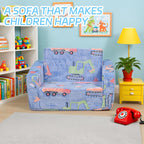 Toddler Couch 2-in-1 Glow in The Dark - Convertible Kids Sofa Chair to Lounger, Soft Plush Fold-Out Sofa Bed with Side Pocket, Washable Cover, Safe Non-Toxic Furniture for Boys Girls (Blue Car)