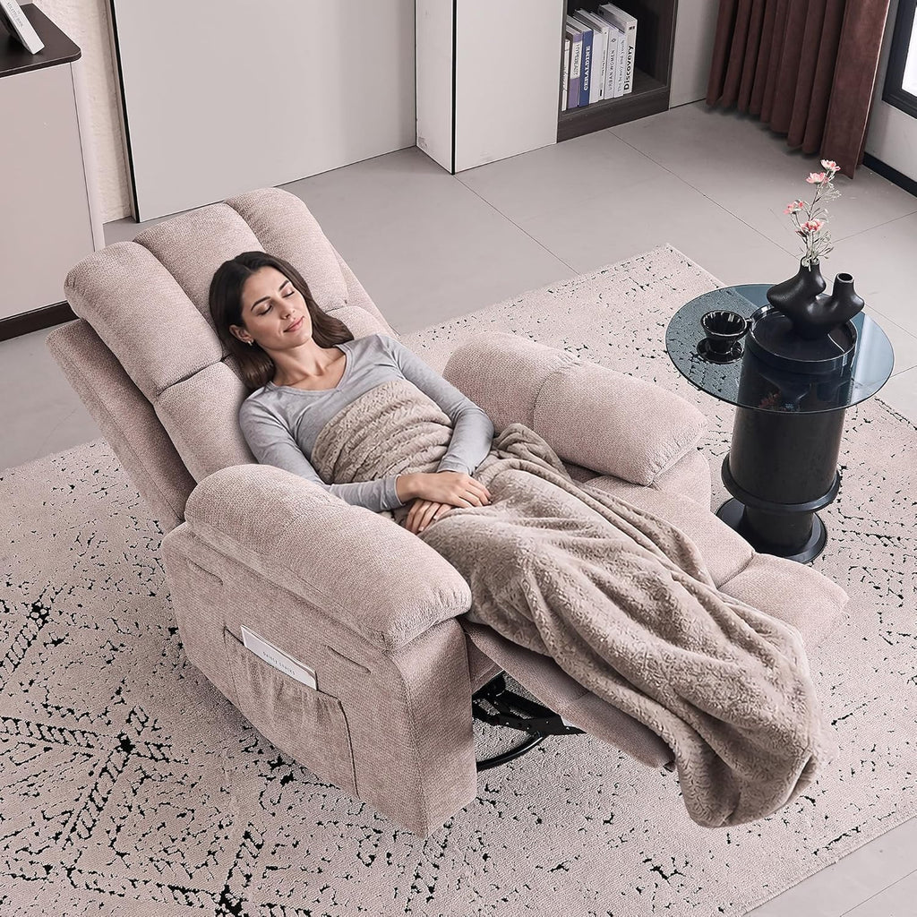 Recliner Chair for Adults, 360°Swivel Rocker Chair for Living Room, Upholstered Manual Recliner with Chenille Fabric, Nursery Rocking Chair for Bedroom, Apartment (Khaki)