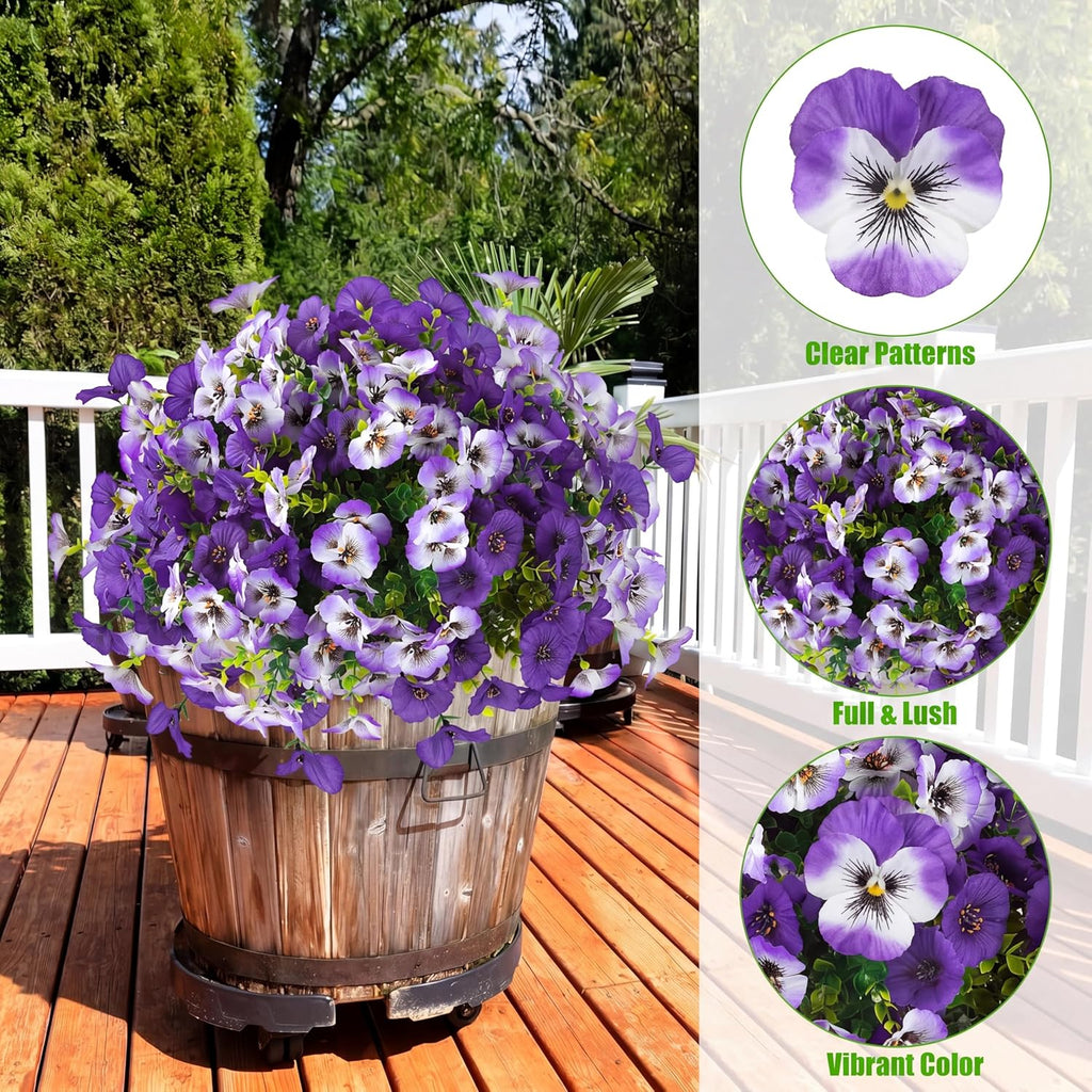Artificial Pansy Flowers for Outdoors 12 Bundles Realistic Faux Plants UV Resistant Fake Silk Pansy with Eucalyptus for Box Planter Patio Porch Outside Spring Summer Decoration(Gradient Purple)