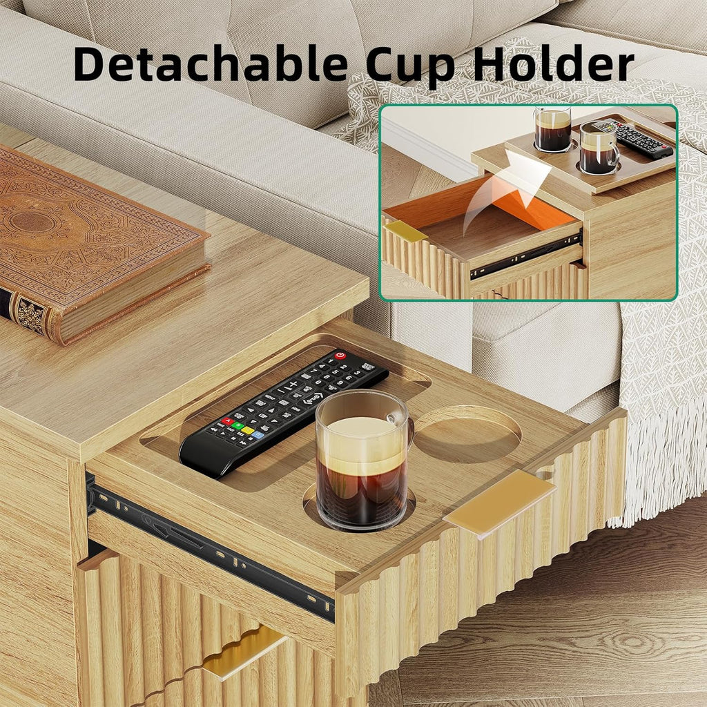 Kalrin Charging Nightstand with Hidden Outlets & 3 Drawers, Modern End Table, Bedside Table with USB Ports, Wave Groove Design, Compact Size, Heavy Duty Engineered Wood, Natural Wood Color