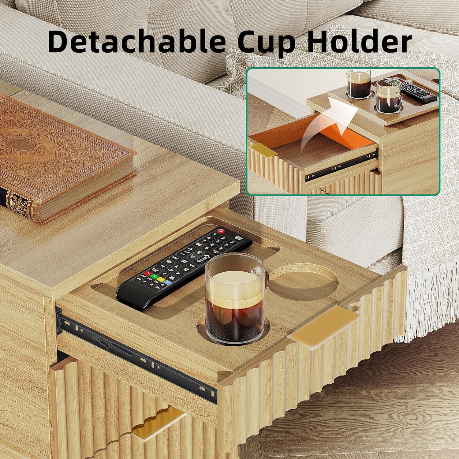 Kalrin Charging Nightstand with Hidden Outlets & 3 Drawers, Modern End Table, Bedside Table with USB Ports, Wave Groove Design, Compact Size, Heavy Duty Engineered Wood, Natural Wood Color