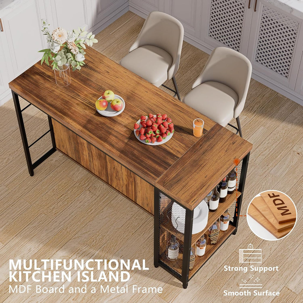 55" Kitchen Island with Seating & Storage, Farmhouse Island Table with 5-Tier Shelves, Large Countertop, Coffee Bar Cabinet with 2 Stemware Racks, Rustic Brown