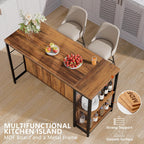 55" Kitchen Island with Seating & Storage, Farmhouse Island Table with 5-Tier Shelves, Large Countertop, Coffee Bar Cabinet with 2 Stemware Racks, Rustic Brown
