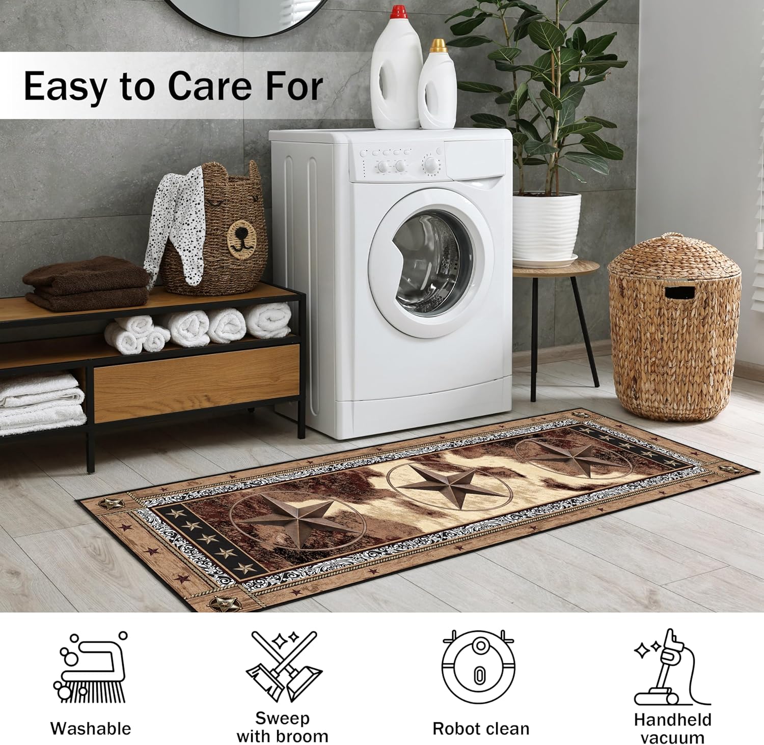 Western Runner Rug 2x6 for Hallway Brown Texas Star Rustic Home Decor Soft Throw Carpet Non Slip Entryway Mat Washable Area Rug for Laundry Bedroom Bathroom (Deep Brown, 2' x 6')