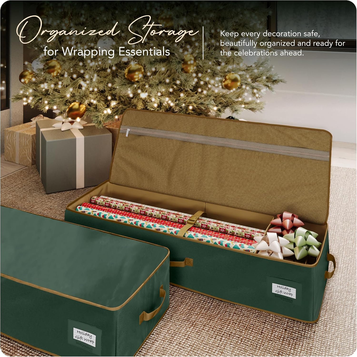 Covermates Keepsakes Gift Wrap Storage Organizer – Heavy-Duty Polyester with Buckle Straps & Interior Pockets – Holds Up to 15 Rolls of Gift Wrap with Handles & Label Window, Green